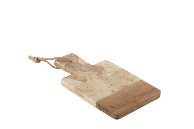 Marmeren plank van 27 cm gebruikt als kaasplank met hapjes op een stijlvolle tafel