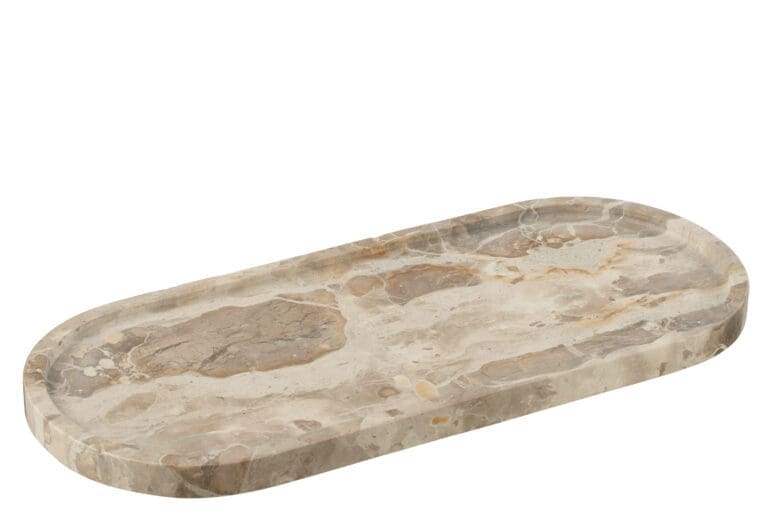 Beige marmeren tray van 40 cm lang op een stijlvolle tafel met decoratieve accessoires